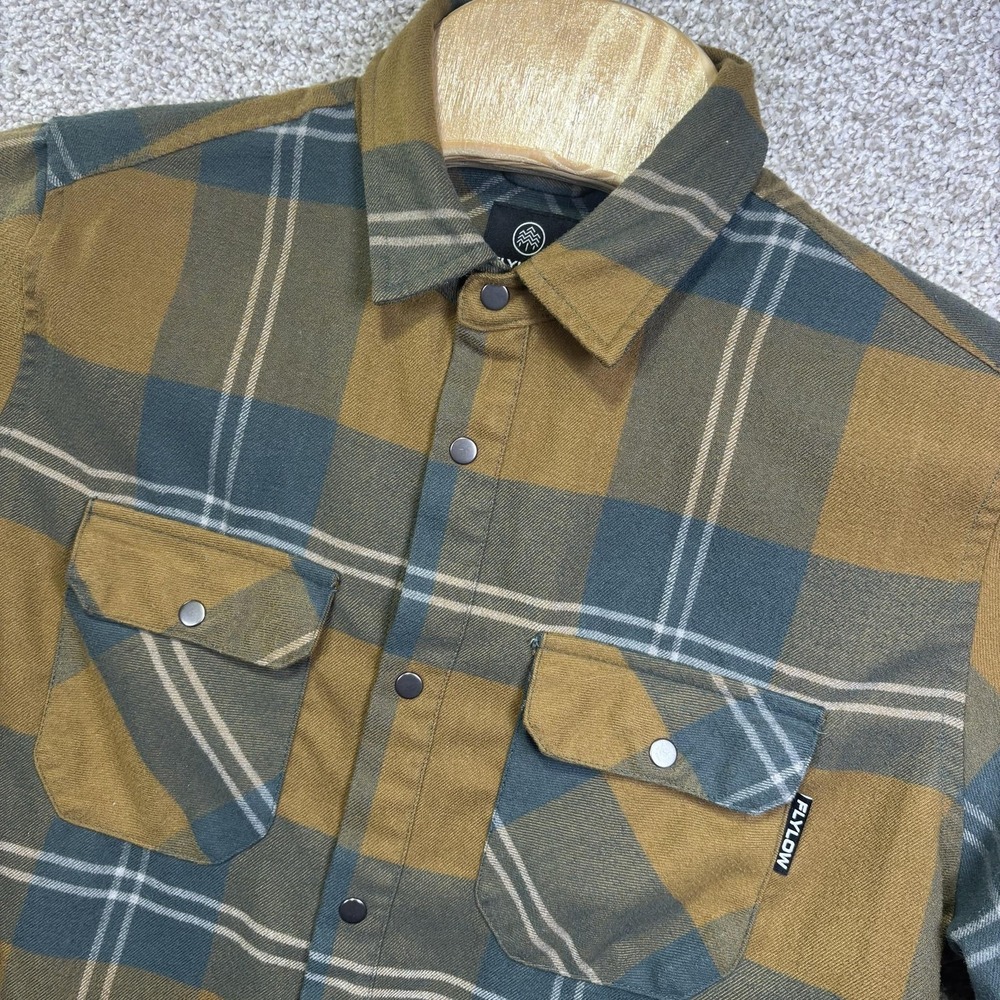 Flylow Shirt Mens Medium Brown Plaid Long Sleeve Snap Front Flannel Outdoor
